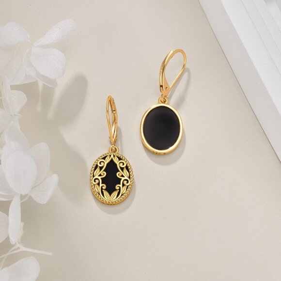 Sterling Silver & 24K Gold Plated Black Onyx Dangle Earrings for Women Girls, El - Picture 4 of 7